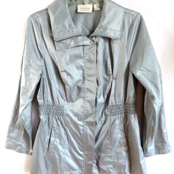 Chico's jacket spring silver shimmer size S/1 front zipper snaps light weight - Picture 1 of 8